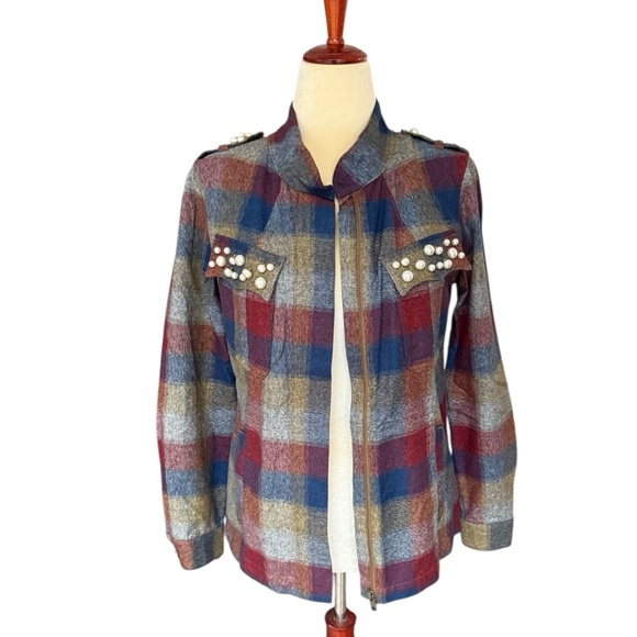 CAbi Multicolor Collage Plaid Utility Zip Up Flannel Jacket Size S Pearl Accents - Picture 4 of 17